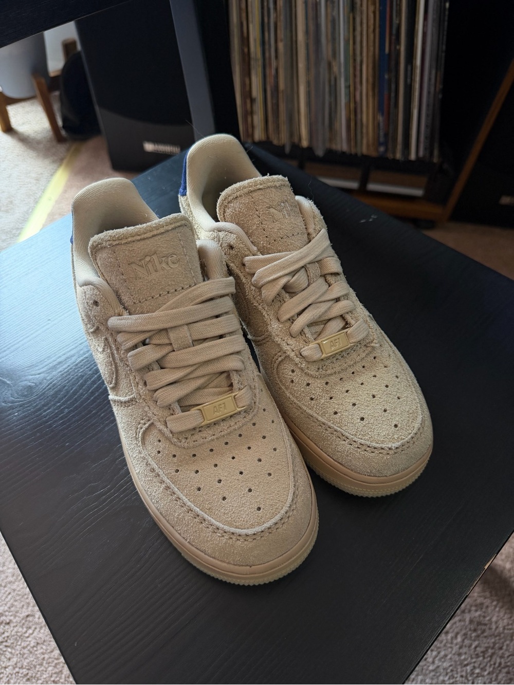 Nike Beige Suede Sneakers with navy blue accent and cream Lace Tag